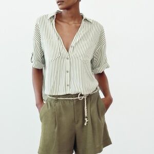 Zara linen blend short sleeve olive green strips shirt